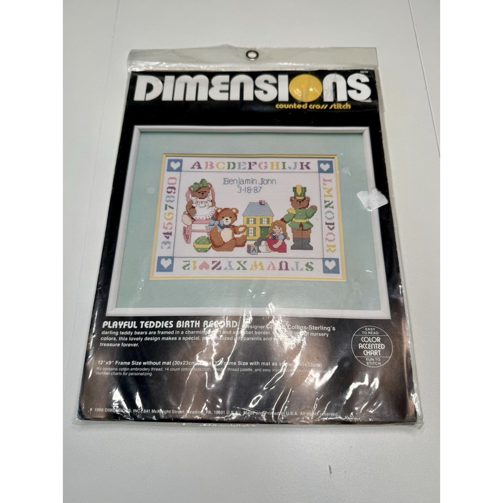 Vintage Dimensions 3616 Playful Teddies Baby Birth Record Cross Stitch Kit NEW